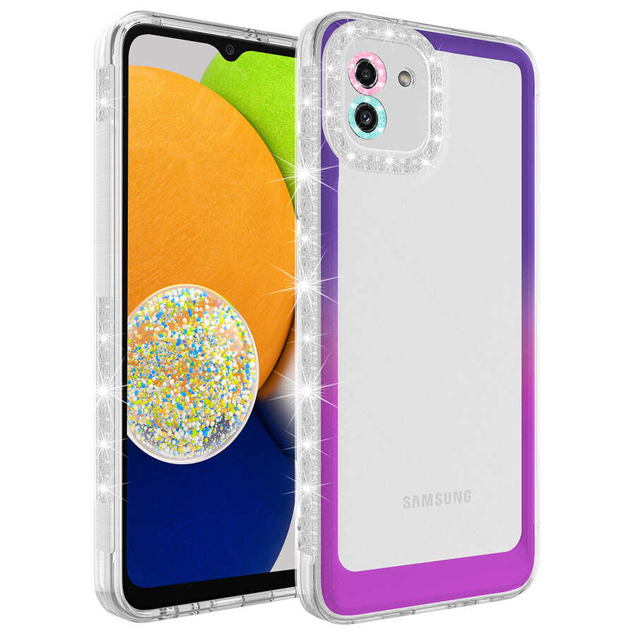Galaxy A03 Kılıf Simli ve Renk Geçiş Tasarımlı Lens Korumalı Zore Park Kapak Mor-Pembe