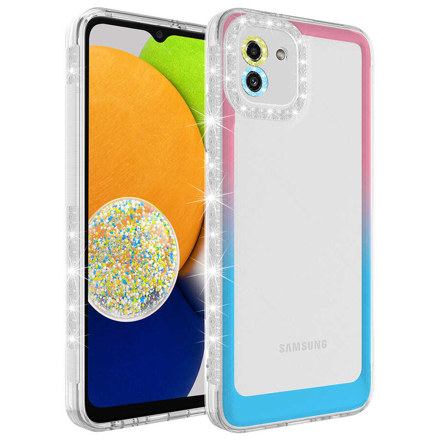 Galaxy A03 Kılıf Simli ve Renk Geçiş Tasarımlı Lens Korumalı Zore Park Kapak Pembe-Mavi