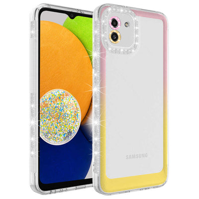 Galaxy A03 Kılıf Simli ve Renk Geçiş Tasarımlı Lens Korumalı Zore Park Kapak Pembe-Sarı