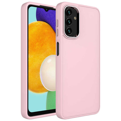 Galaxy A13 4G Kılıf Metal Çerçeve ve Buton Tasarımlı Silikon Zore Luna Kapak Pembe