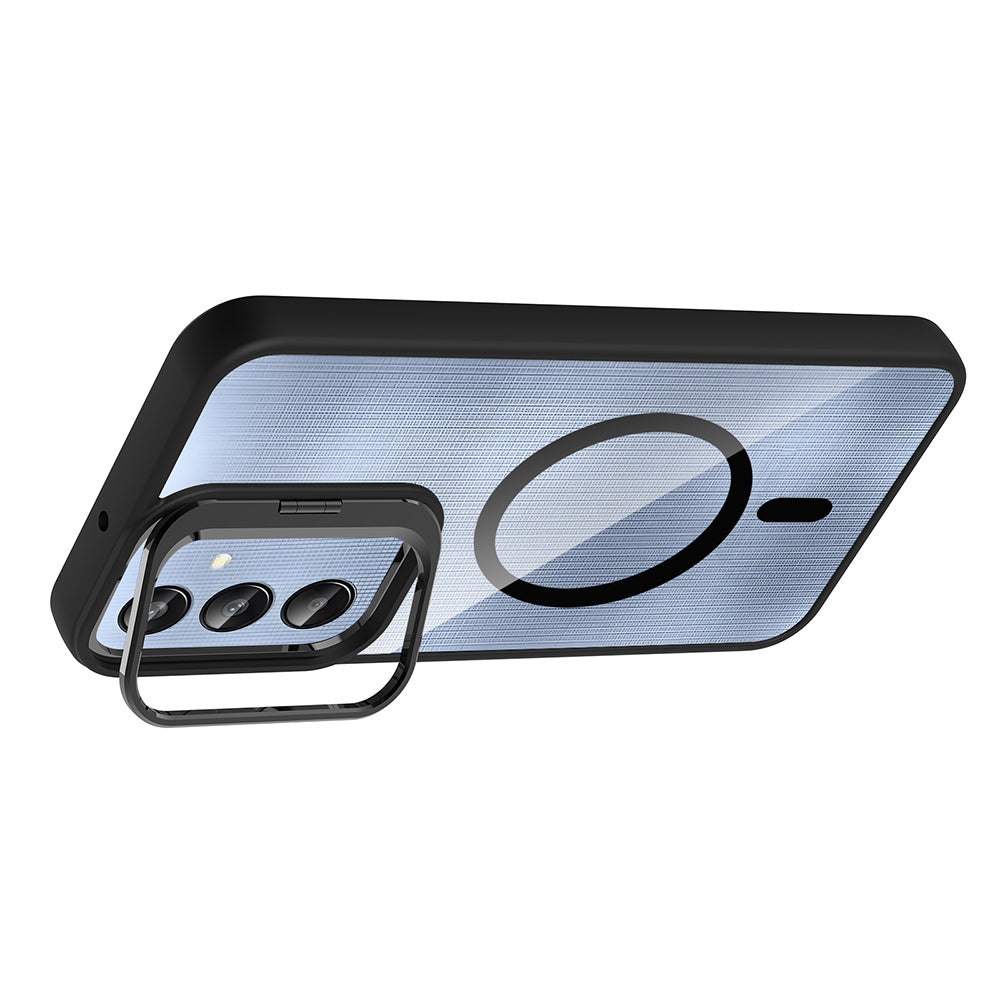 Galaxy A16 Kılıf Standlı ve Kamera Lens Hediyeli M-Safe Şarj Özellikli Zore Etro Kapak Derin Mor