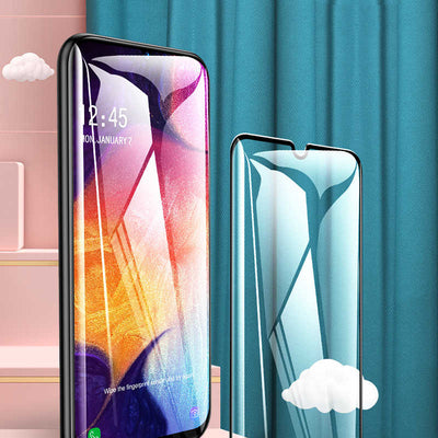 Galaxy A20S Zore Kenarları Kırılmaya Dayanıklı Cam Ekran Koruyucu Siyah