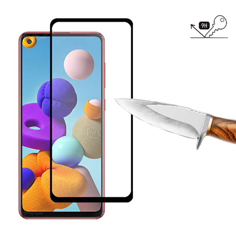 Galaxy A21S Zore Kenarları Kırılmaya Dayanıklı Cam Ekran Koruyucu Siyah