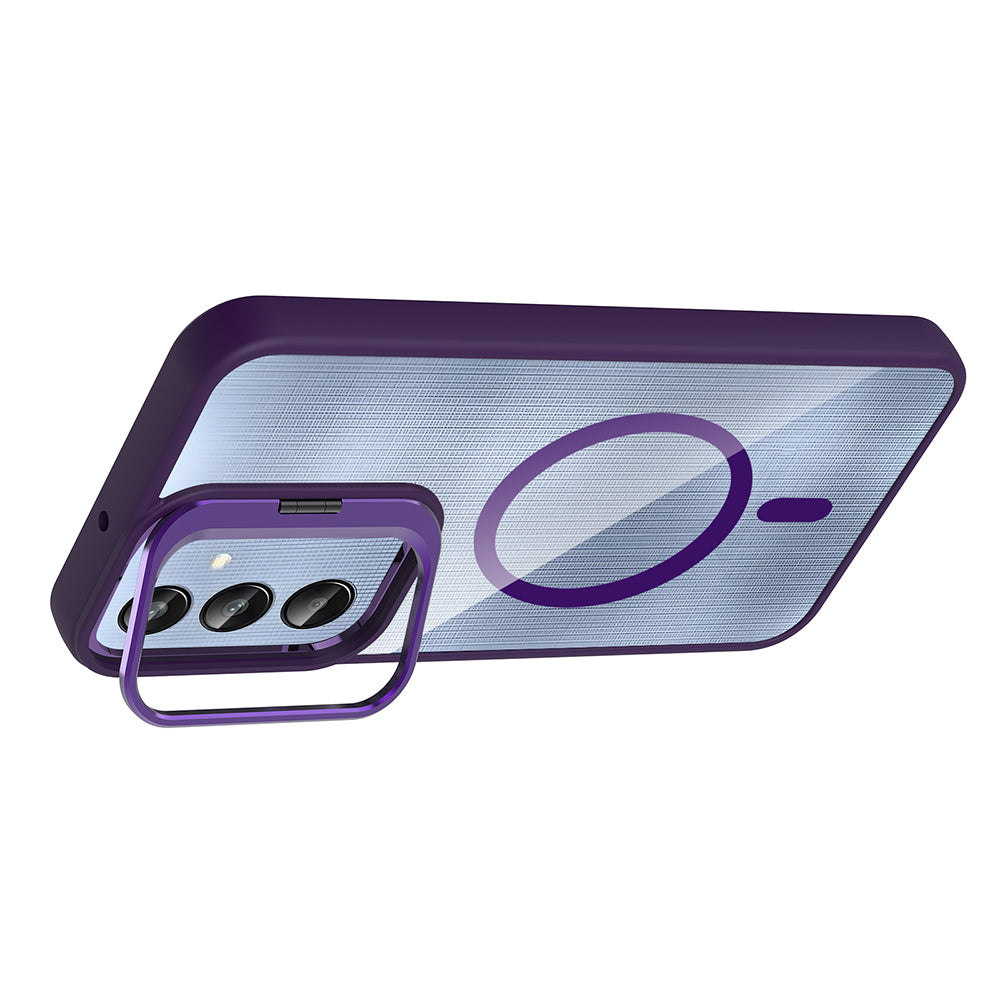 Galaxy A25 Kılıf Standlı ve Kamera Lens Hediyeli M-Safe Şarj Özellikli Zore Etro Kapak Derin Mor