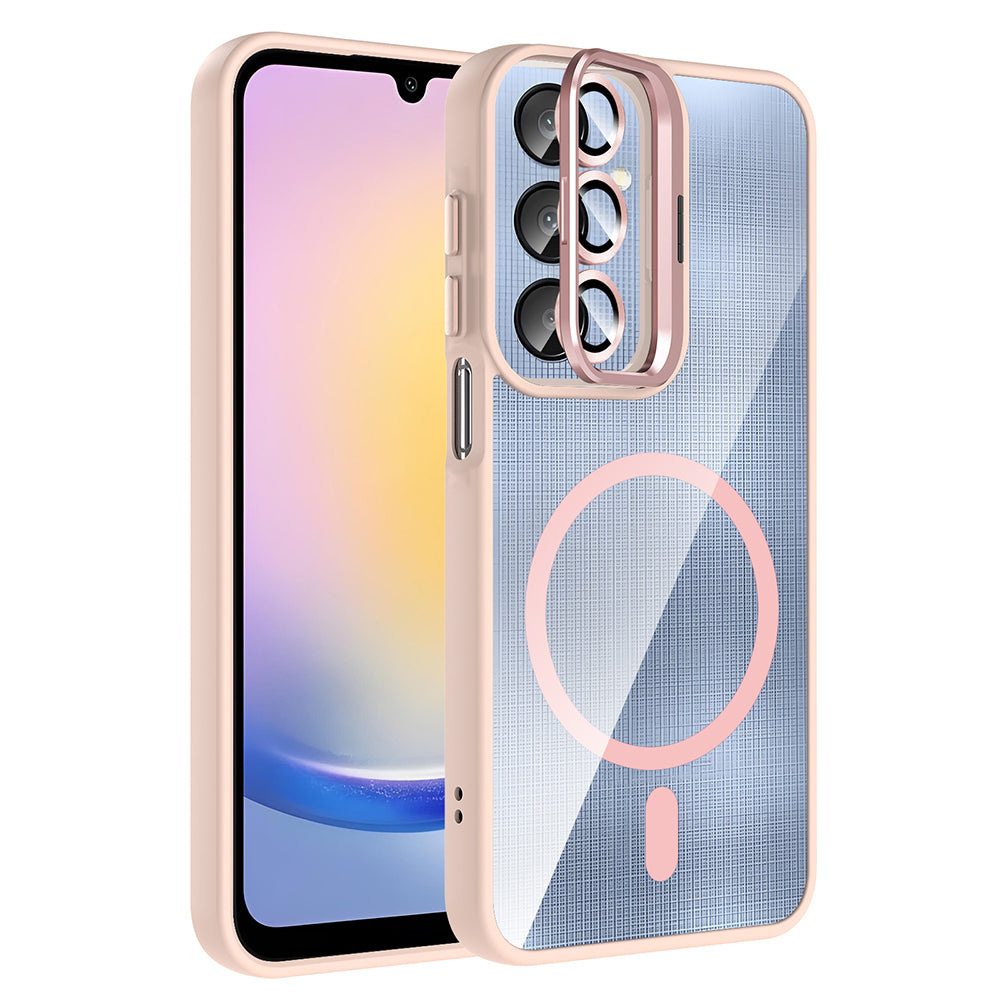 Galaxy A26 Kılıf Standlı ve Kamera Lens Hediyeli M-Safe Şarj Özellikli Zore Etro Kapak Pembe