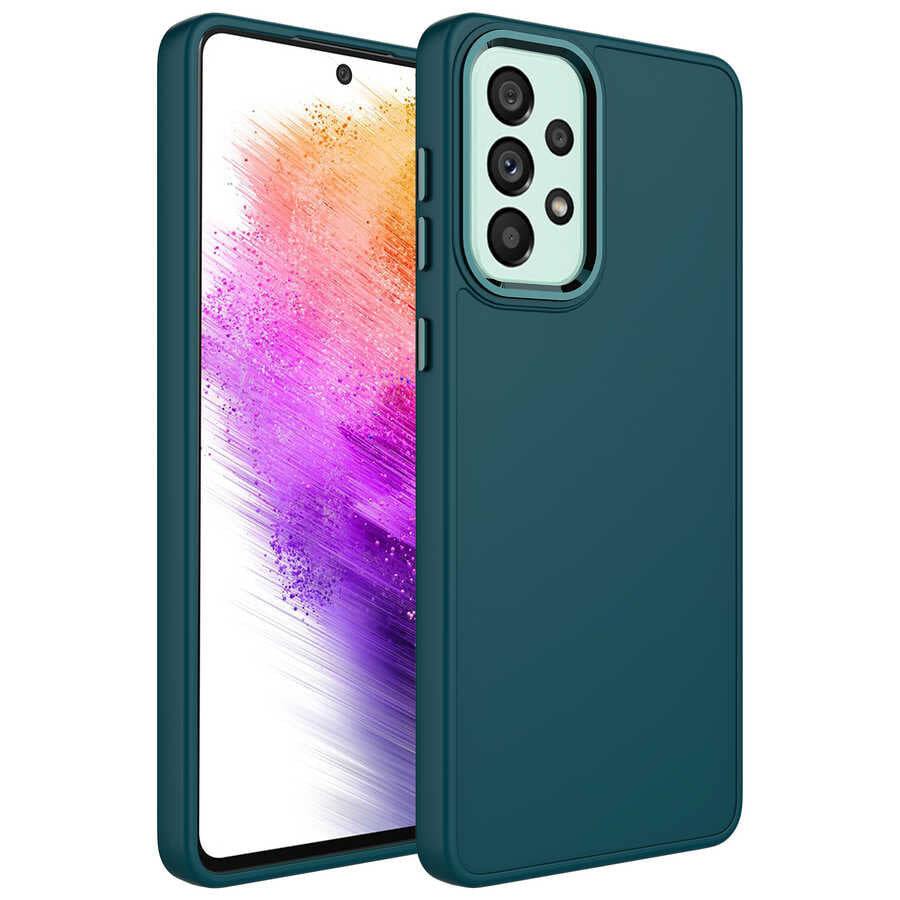 Galaxy A32 4G Kılıf Metal Çerçeve ve Buton Tasarımlı Silikon Zore Luna Kapak Koyu Yeşil