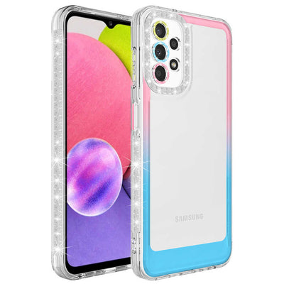 Galaxy A32 4G Kılıf Simli ve Renk Geçiş Tasarımlı Lens Korumalı Zore Park Kapak Pembe-Mavi
