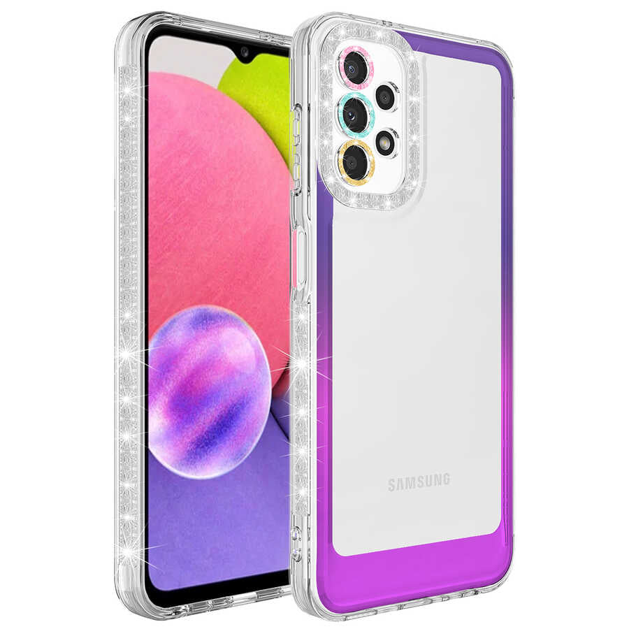 Galaxy A33 5G Kılıf Simli ve Renk Geçiş Tasarımlı Lens Korumalı Zore Park Kapak Mor-Pembe