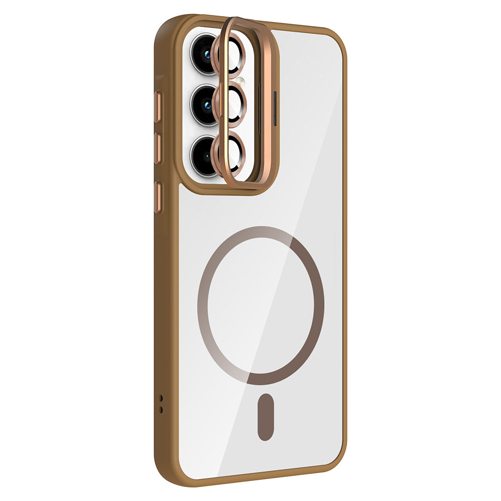 Galaxy A35 Kılıf Standlı ve Kamera Lens Hediyeli M-Safe Şarj Özellikli Zore Etro Kapak Desert Titanyum