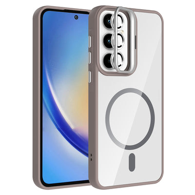 Galaxy A35 Kılıf Standlı ve Kamera Lens Hediyeli M-Safe Şarj Özellikli Zore Etro Kapak Gri