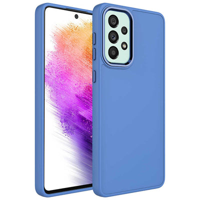 Galaxy A52 Kılıf Metal Çerçeve ve Buton Tasarımlı Silikon Zore Luna Kapak Lacivert