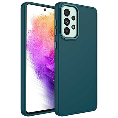 Galaxy A52 Kılıf Metal Çerçeve ve Buton Tasarımlı Silikon Zore Luna Kapak Koyu Yeşil