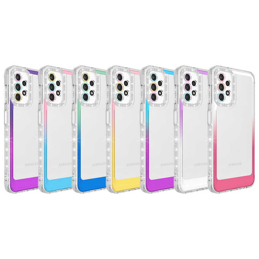 Galaxy A73 Kılıf Simli ve Renk Geçiş Tasarımlı Lens Korumalı Zore Park Kapak Mor-Beyaz