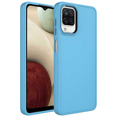 Galaxy M32 Kılıf Metal Çerçeve ve Buton Tasarımlı Silikon Zore Luna Kapak Sierra Mavi