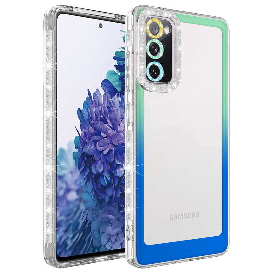 Galaxy S20 FE Kılıf Simli ve Renk Geçiş Tasarımlı Lens Korumalı Zore Park Kapak Yeşil-Mavi