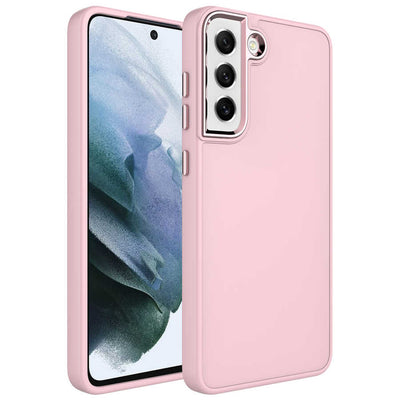 Galaxy S21 FE Kılıf Metal Çerçeve ve Buton Tasarımlı Silikon Zore Luna Kapak Pembe