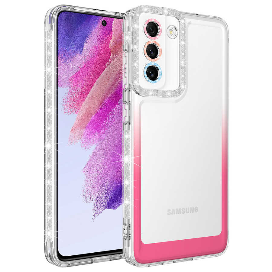 Galaxy S21 FE Kılıf Simli ve Renk Geçiş Tasarımlı Lens Korumalı Zore Park Kapak Beyaz-Pembe