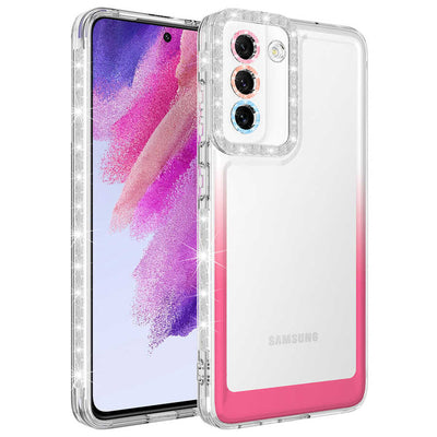 Galaxy S21 FE Kılıf Simli ve Renk Geçiş Tasarımlı Lens Korumalı Zore Park Kapak Beyaz-Pembe