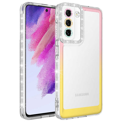 Galaxy S21 FE Kılıf Simli ve Renk Geçiş Tasarımlı Lens Korumalı Zore Park Kapak Pembe-Sarı