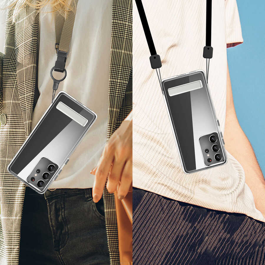 Galaxy S21 Ultra Kılıf Standlı Şeffaf Silikon Zore L-Stand Kapak Renksiz