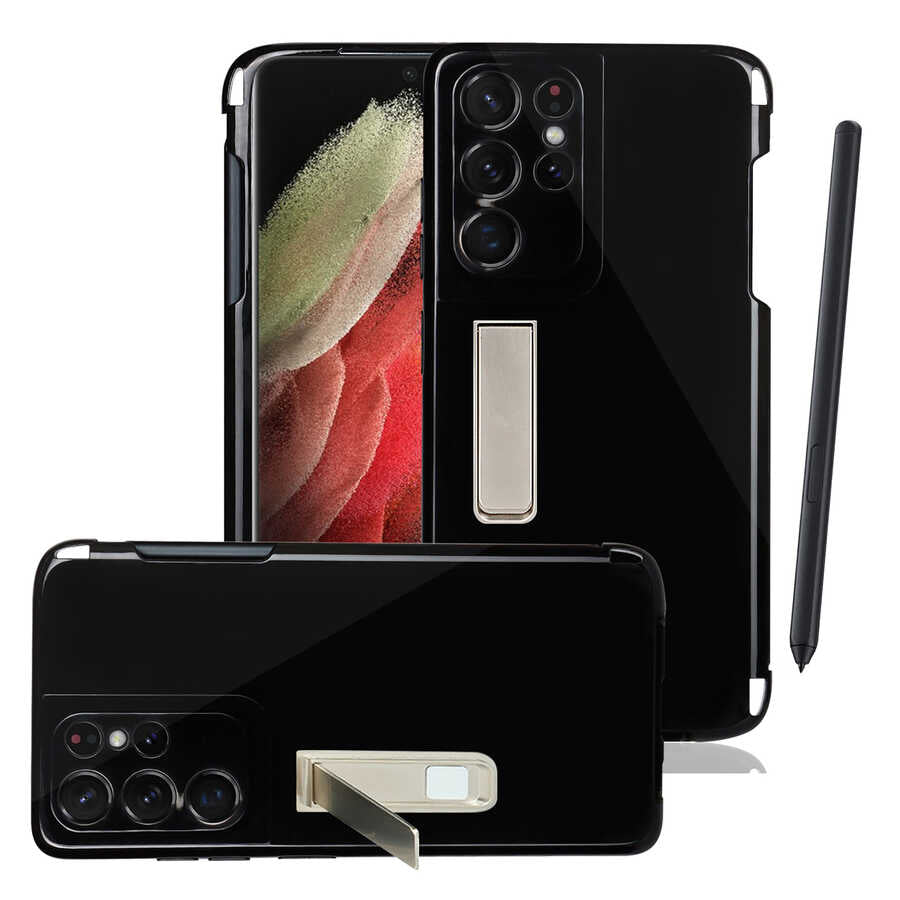 Galaxy S21 Ultra Kılıf Zore Kalem Bölmeli Standlı Süper Silikon Kapak Siyah