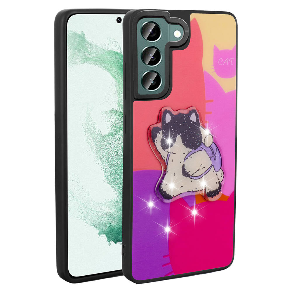 Galaxy S22 Kılıf Parlayan Kabartmalı İkonik Figürlü Zore Amas Silikon Kapak Mor