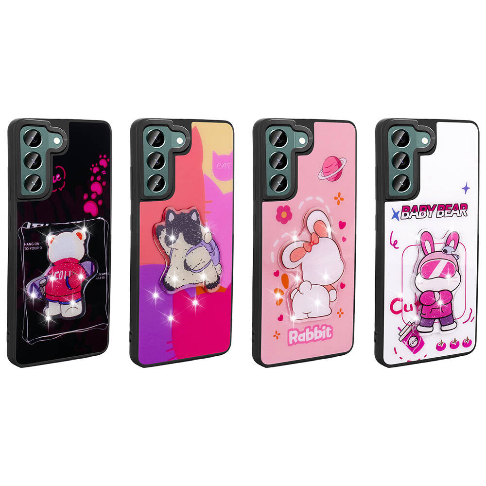 Galaxy S22 Kılıf Parlayan Kabartmalı İkonik Figürlü Zore Amas Silikon Kapak Pembe