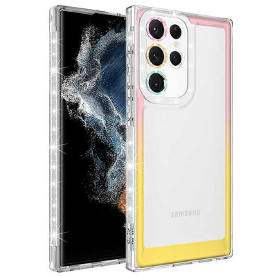 Galaxy S22 Ultra Kılıf Simli ve Renk Geçiş Tasarımlı Lens Korumalı Zore Park Kapak Pembe-Sarı