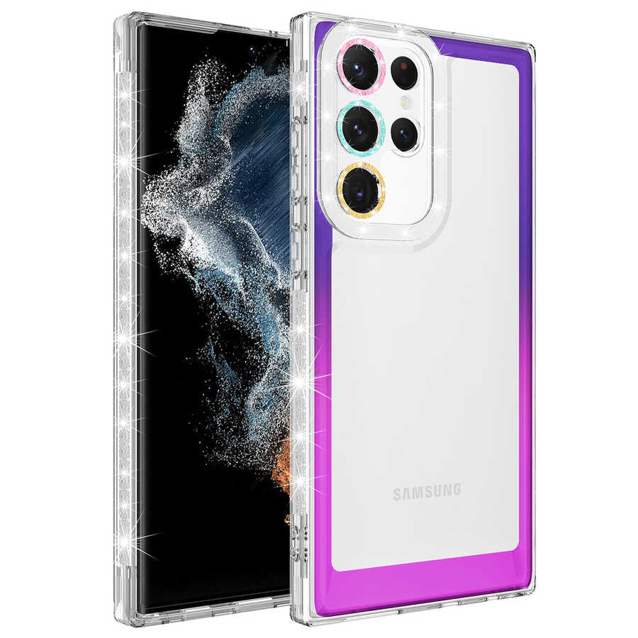 Galaxy S22 Ultra Kılıf Simli ve Renk Geçiş Tasarımlı Lens Korumalı Zore Park Kapak Mor-Pembe