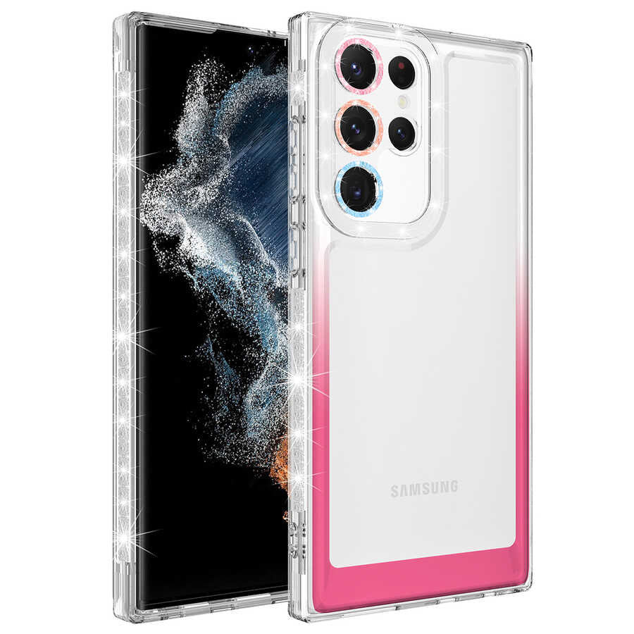 Galaxy S22 Ultra Kılıf Simli ve Renk Geçiş Tasarımlı Lens Korumalı Zore Park Kapak Beyaz-Pembe