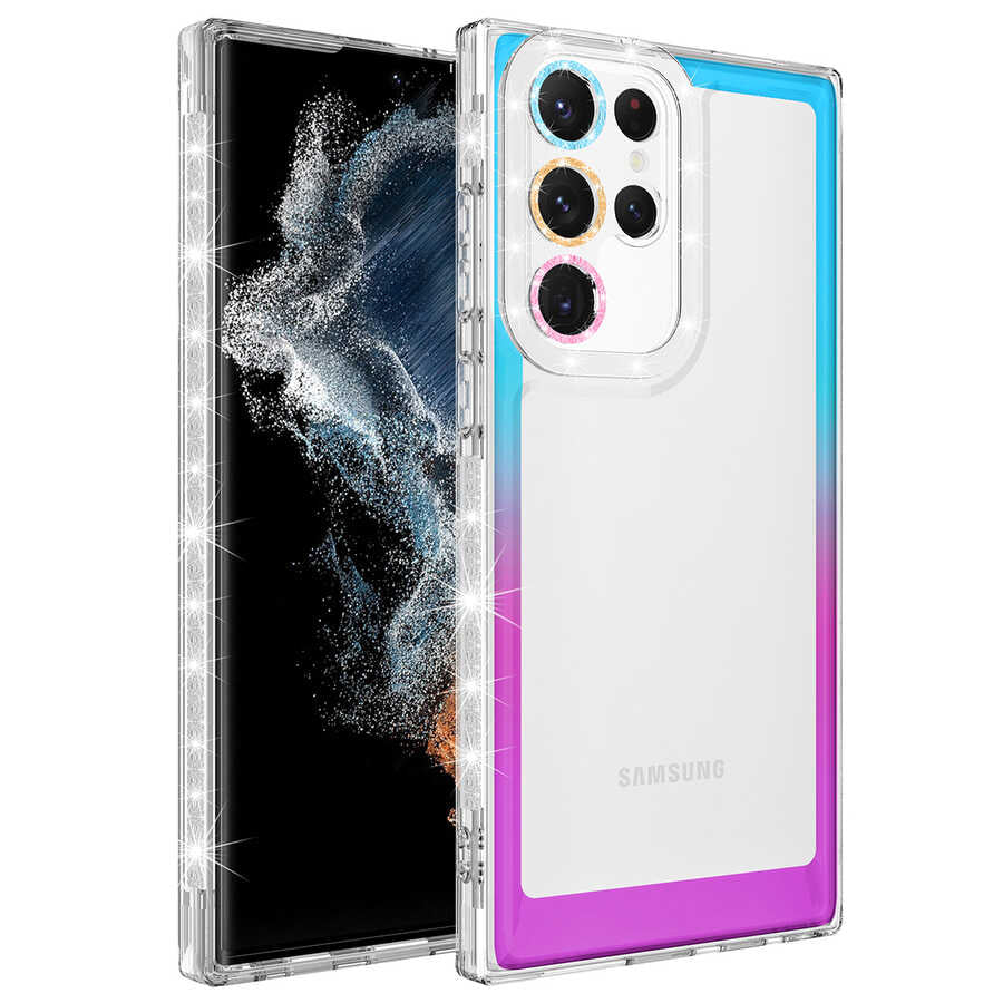 Galaxy S22 Ultra Kılıf Simli ve Renk Geçiş Tasarımlı Lens Korumalı Zore Park Kapak Mavi-Mor