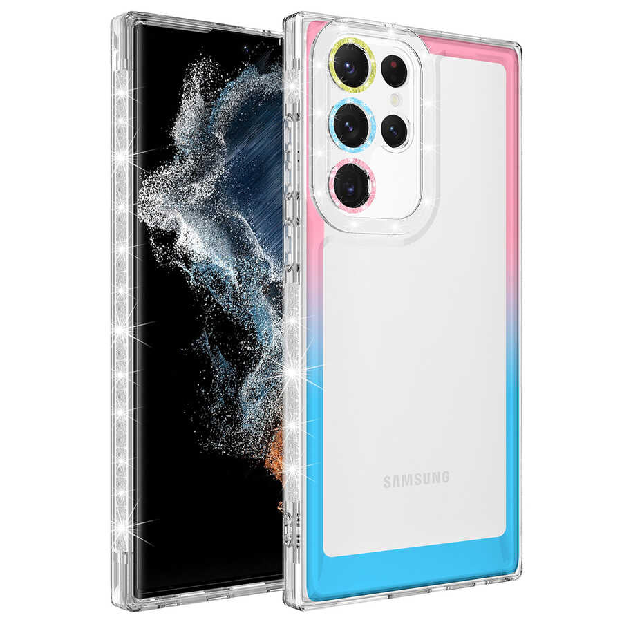 Galaxy S22 Ultra Kılıf Simli ve Renk Geçiş Tasarımlı Lens Korumalı Zore Park Kapak Pembe-Mavi