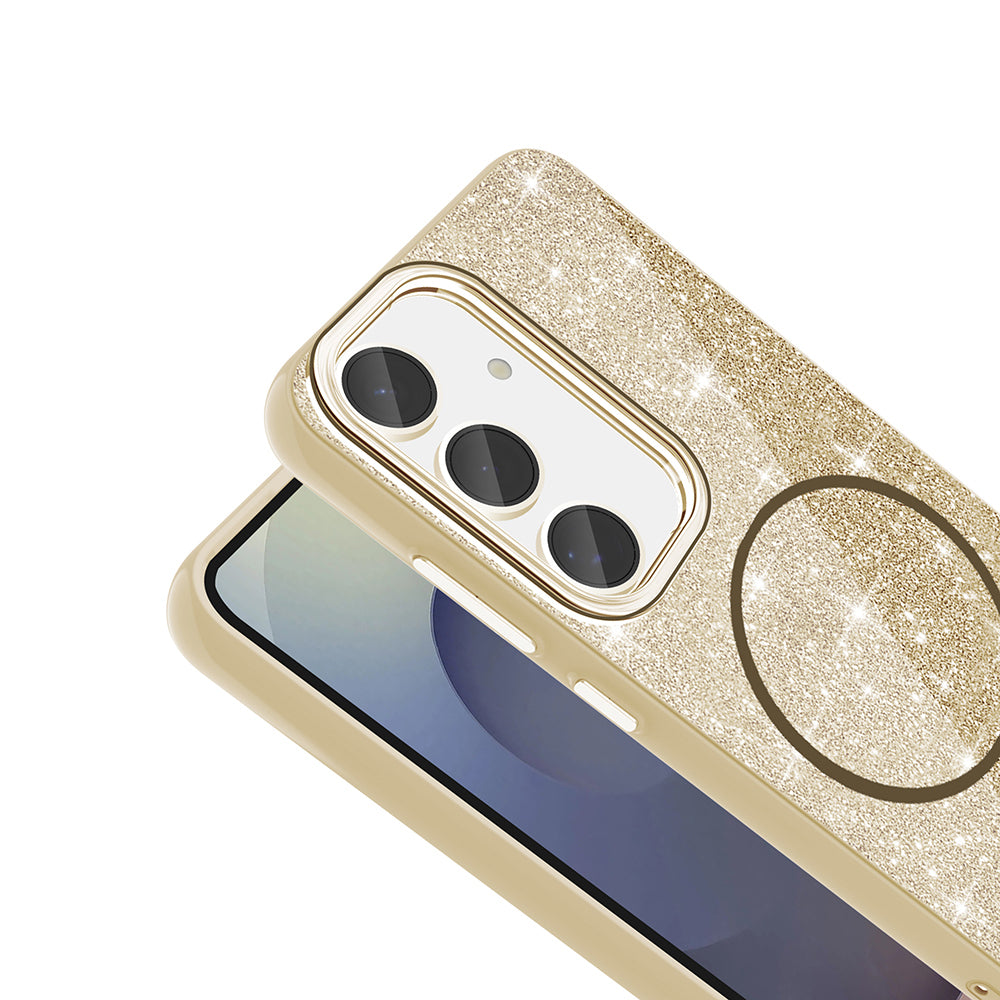 Galaxy S23 FE Kılıf M-safe Şarj Özellikli Parlayan Simli Zore Okso Kapak Beyaz