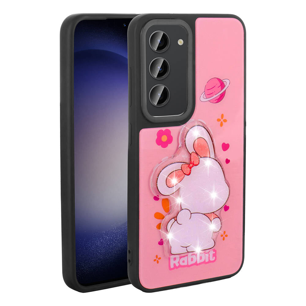 Galaxy S23 Kılıf Parlayan Kabartmalı İkonik Figürlü Zore Amas Silikon Kapak Pembe