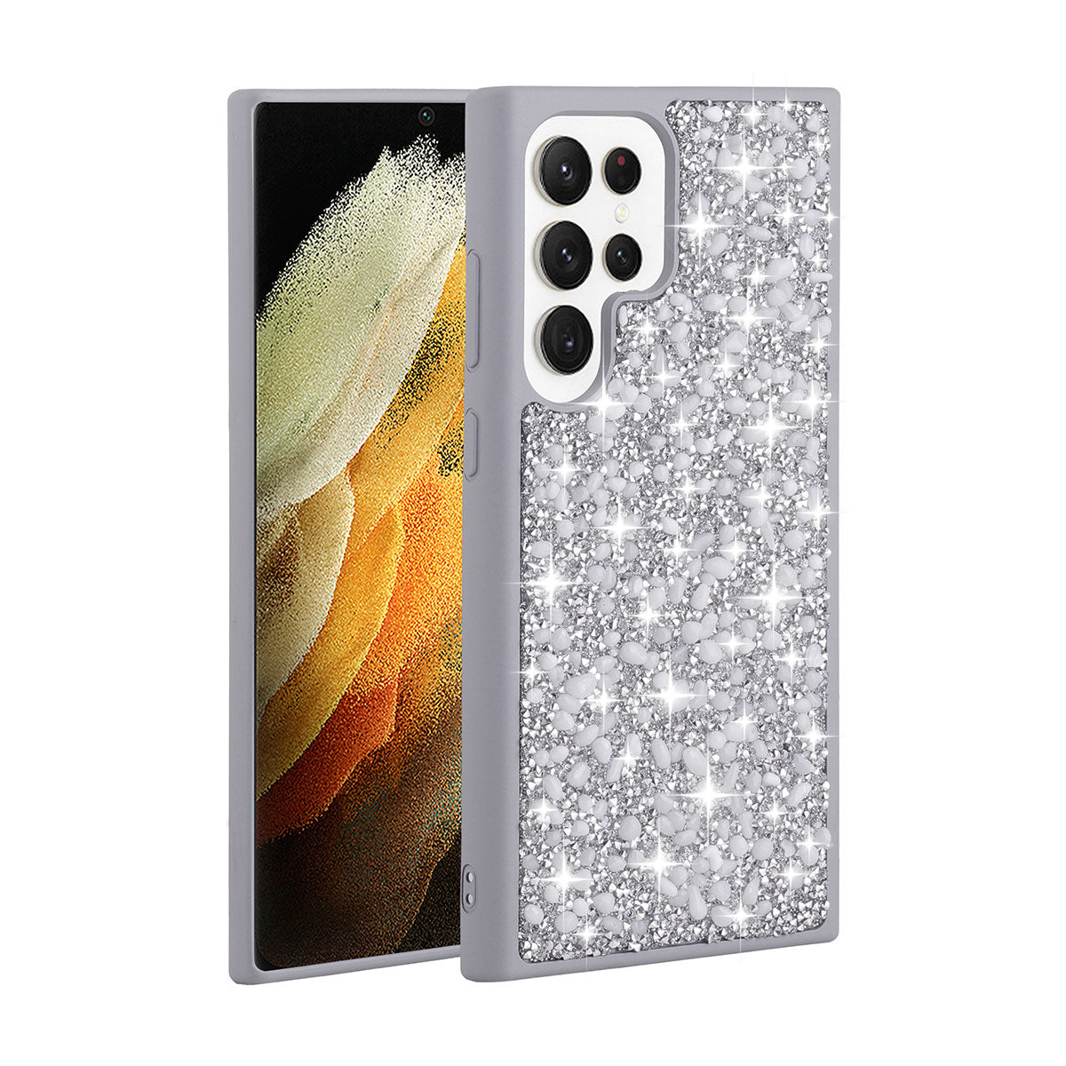 Galaxy S23 Ultra Kılıf Parlak Taşlı Tasarım Zore Linea Kapak Gümüş