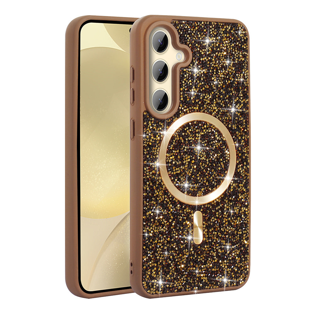 Galaxy S24 FE Kılıf Pırlanta Tasarımlı M-safe Şarj Özellikli Zore Mozaik Silikon Kapak Desert Titanyum