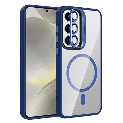 Galaxy S24 FE Kılıf Standlı ve Kamera Lens Hediyeli M-Safe Şarj Özellikli Zore Etro Kapak Gri