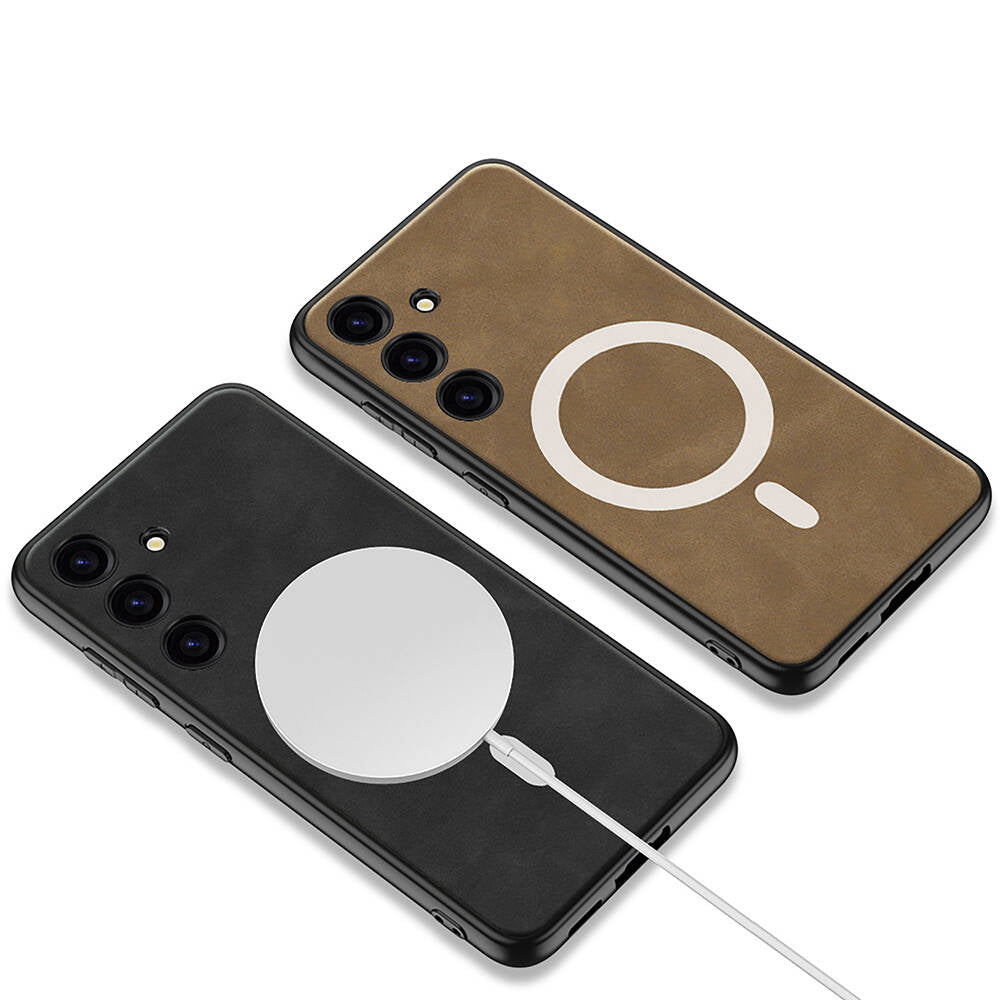 Galaxy S24 Kılıf M-safe Şarj Özellikli Deri Tasarımlı Zore Kıpta Nubuk Kapak Gri
