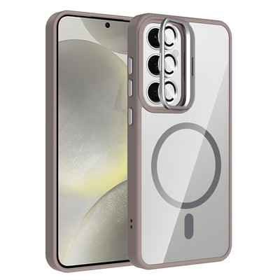 Galaxy S24 Kılıf Standlı ve Kamera Lens Hediyeli M-Safe Şarj Özellikli Zore Etro Kapak Gri