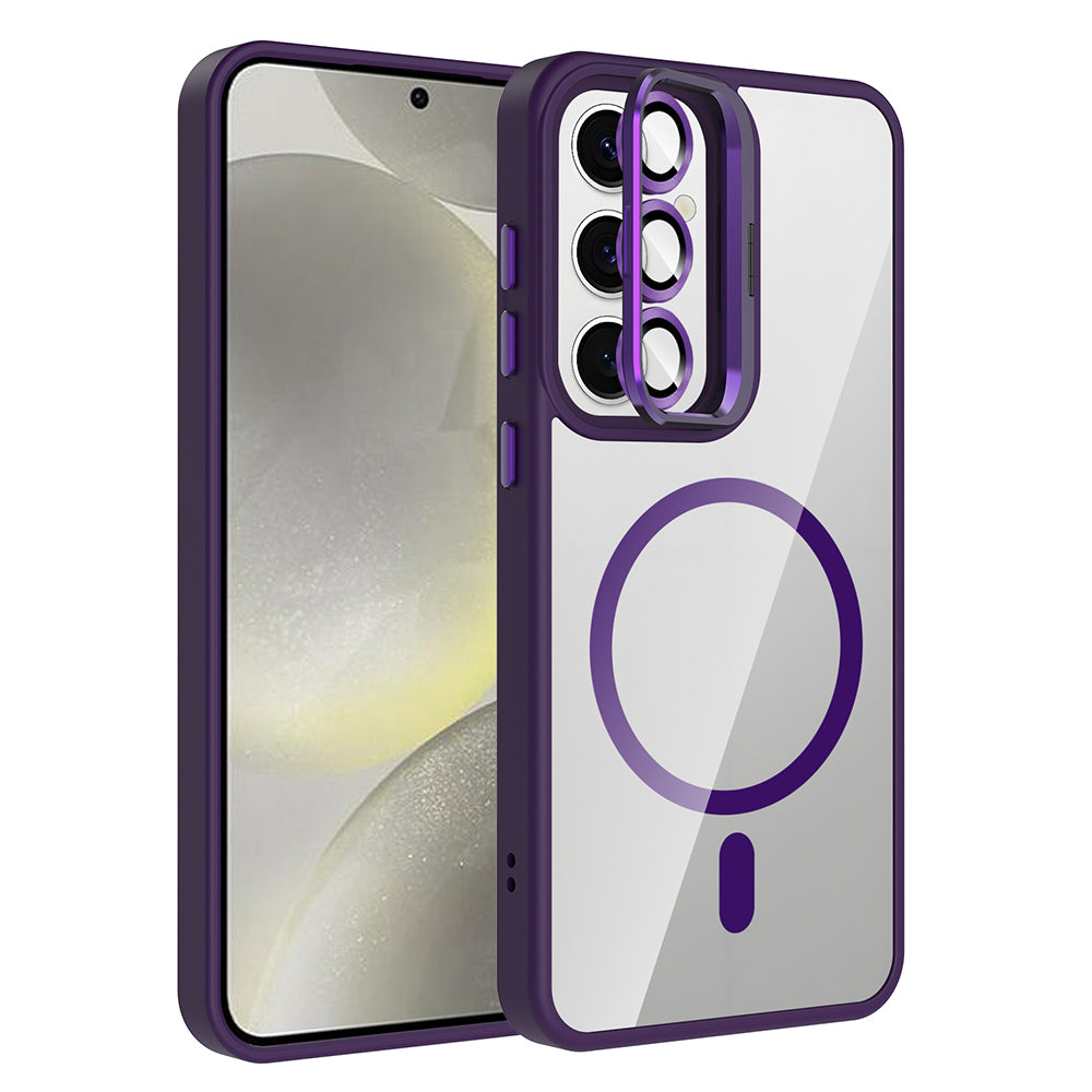 Galaxy S24 Kılıf Standlı ve Kamera Lens Hediyeli M-Safe Şarj Özellikli Zore Etro Kapak Derin Mor
