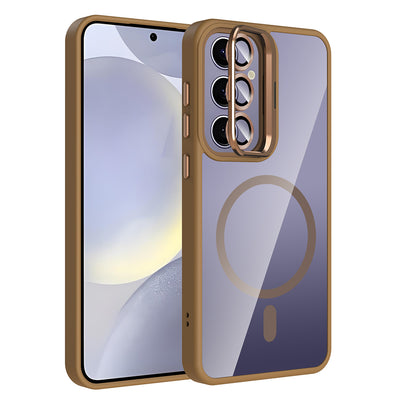 Galaxy S24 Plus Kılıf Standlı ve Kamera Lens Hediyeli M-Safe Şarj Özellikli Zore Etro Kapak Pembe