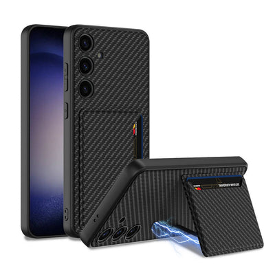 Galaxy S24 Plus Suni Deri Arka Yüzey Zore Kartlıklı Kıpta Silikon Kapak Siyah Karbon