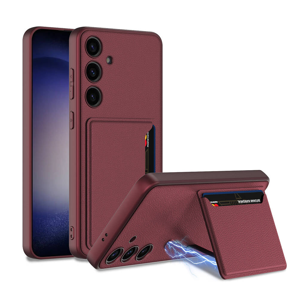 Galaxy S24 Plus Suni Deri Arka Yüzey Zore Kartlıklı Kıpta Silikon Kapak Mürdüm
