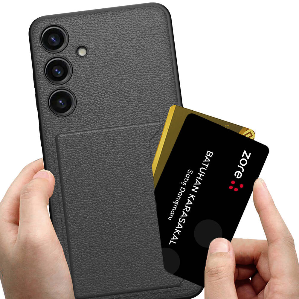 Galaxy S24 Suni Deri Arka Yüzey Zore Kartlıklı Kıpta Silikon Kapak Siyah
