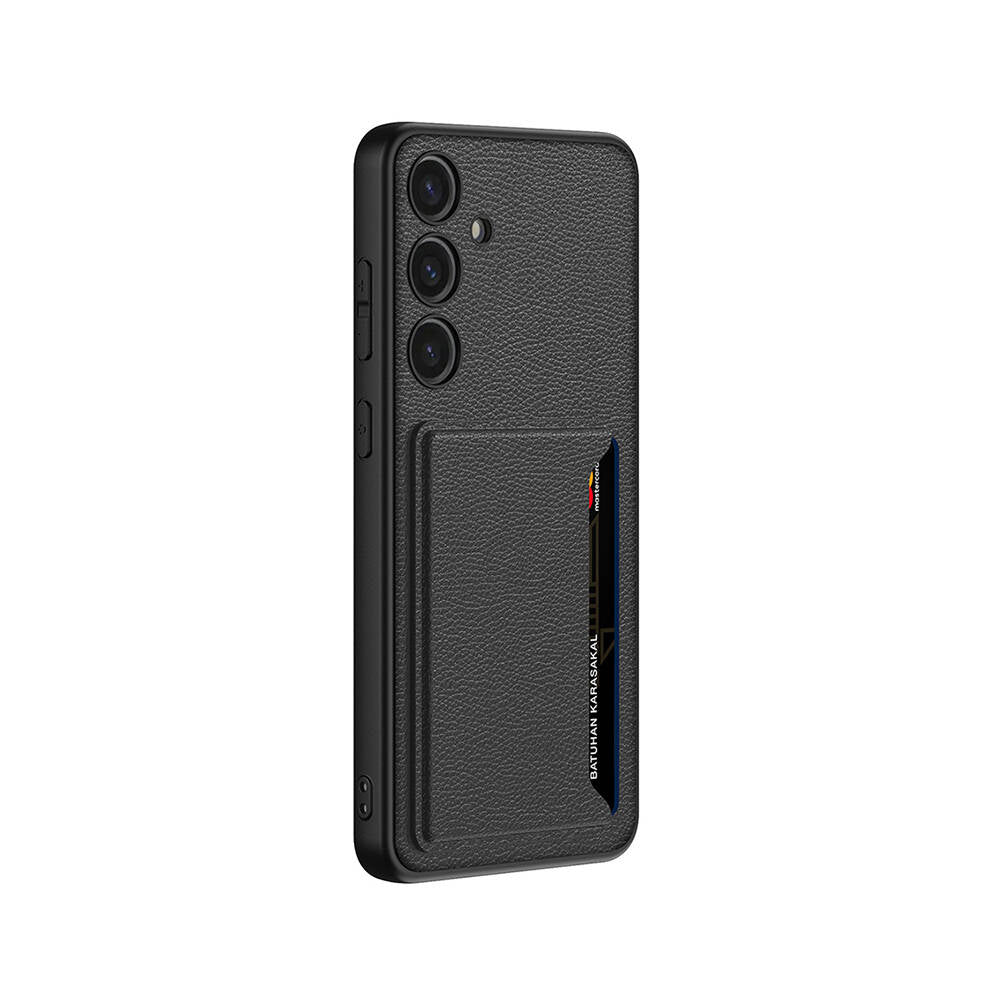 Galaxy S24 Suni Deri Arka Yüzey Zore Kartlıklı Kıpta Silikon Kapak Siyah