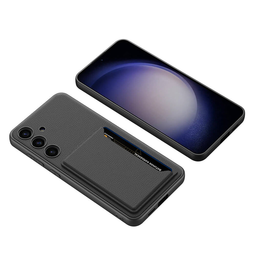 Galaxy S24 Suni Deri Arka Yüzey Zore Kartlıklı Kıpta Silikon Kapak Siyah