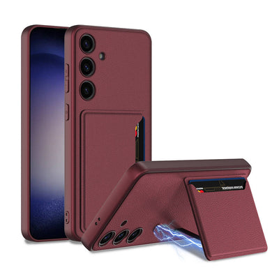 Galaxy S24 Suni Deri Arka Yüzey Zore Kartlıklı Kıpta Silikon Kapak Mürdüm