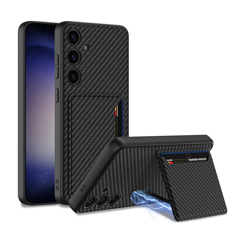 Galaxy S24 Suni Deri Arka Yüzey Zore Kartlıklı Kıpta Silikon Kapak Siyah Karbon
