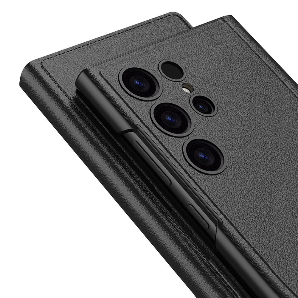 Galaxy S24 Ultra Kılıf Kamera Korumalı Suni Deri Tasarım Zore Droga Standlı Kartlıklı Kapaklı Kılıf Titanyum-Gri