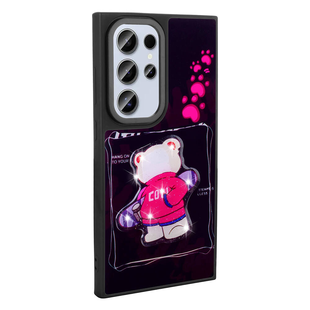 Galaxy S24 Ultra Kılıf Parlayan Kabartmalı İkonik Figürlü Zore Amas Silikon Kapak Mor